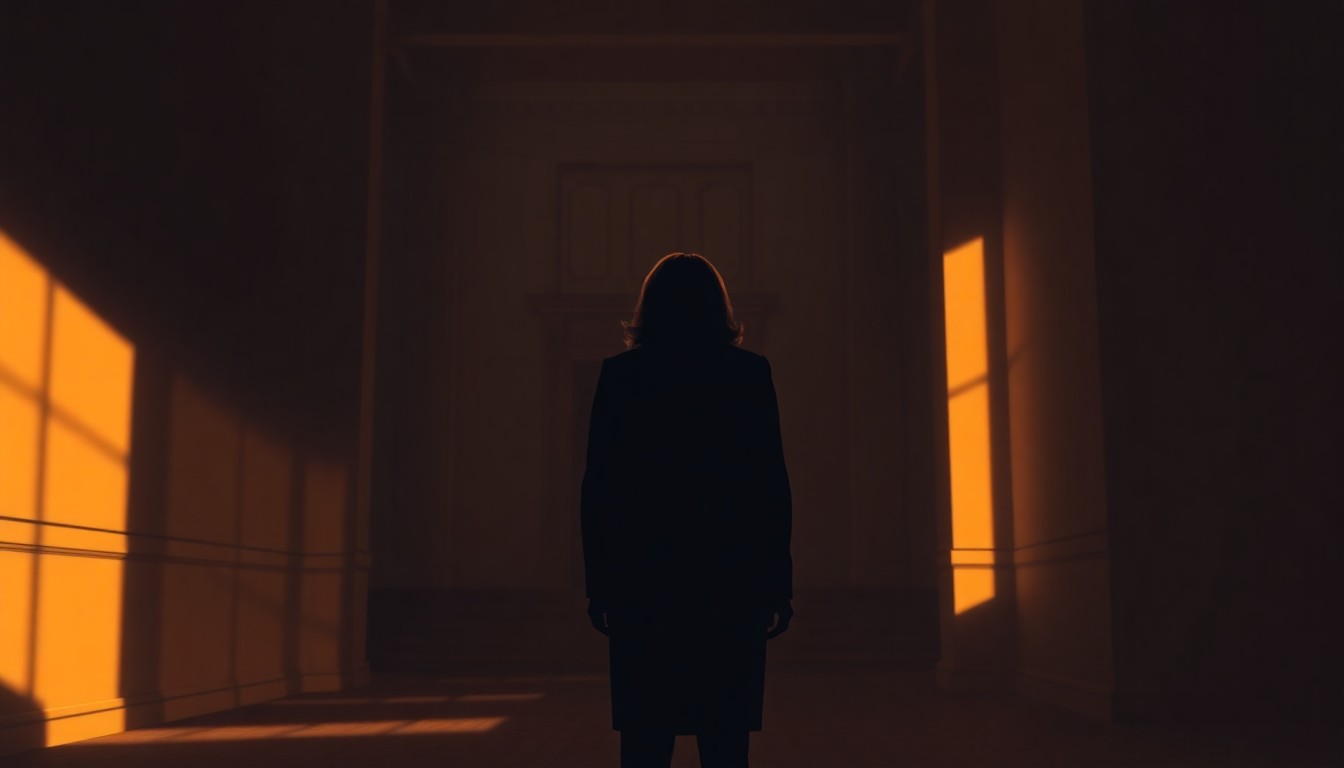 A solitary, pensive figure of a woman standing alone in a dimly lit, empty government office, bathed in warm, diagonal sunlight and deep shadows, conceptually representing Kamala Harris' consideration of a 2028 presidential run.