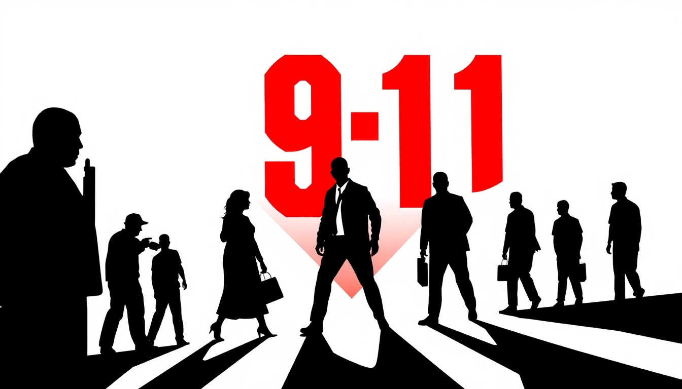 A conceptual editorial illustration featuring stark, geometric black silhouettes and bold splashes of red and white, representing the contrasting tones and themes of ABC's hit shows High Potential and 9-1-1.