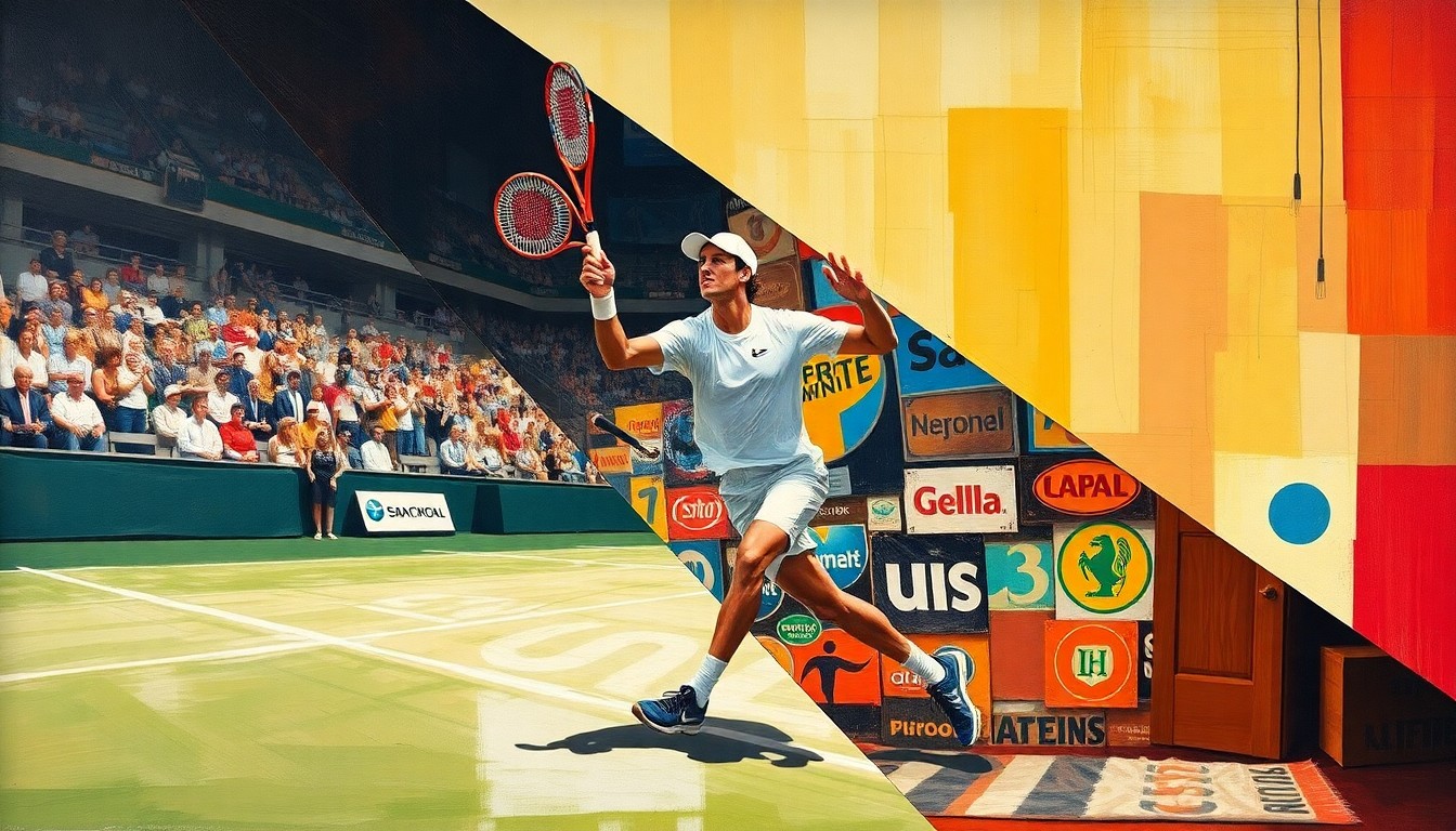 A fragmented, geometric painting depicting a tennis player in mid-motion on the court, with sponsor logos and equipment partially obscured, conveying the conceptual tension between player earning potential and tournament aesthetics.