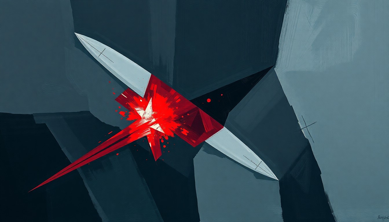 A dynamic, abstract painting featuring overlapping, fractured shapes in shades of grey, blue, and red, conveying the sense of violence and chaos surrounding the Iran war.