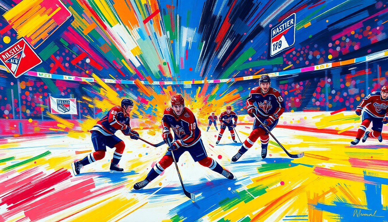 A dynamic, neon-colored painting depicting the intense action and movement of a hockey game, with players' forms dissolving into abstract brushstrokes, conceptually representing the NHL's innovative animated broadcast format.