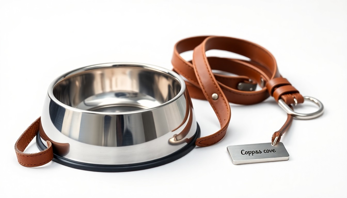 A high-end, photorealistic studio still-life photograph featuring a polished metal dog bowl, a soft leather leash, and a brushed aluminum name tag on a clean white seamless background, conceptually representing the premium care and services offered at the new Copperas Cove animal facility.