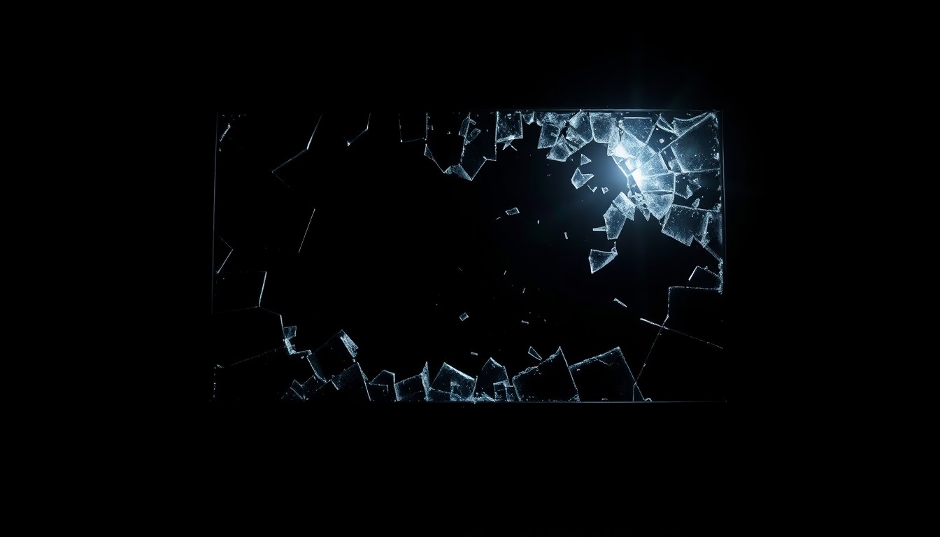 An extreme close-up photograph of a shattered computer monitor screen, capturing the stark, gritty aftermath of a cargo theft that has left a local business and community concerned about public safety.