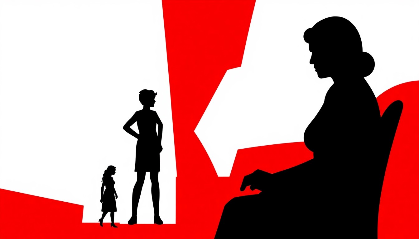 An abstract, minimalist illustration in the style of Saul Bass, featuring stark black silhouettes and geometric shapes in high-contrast colors, conceptually representing the emotional intensity and narrative complexity of daytime soap operas.