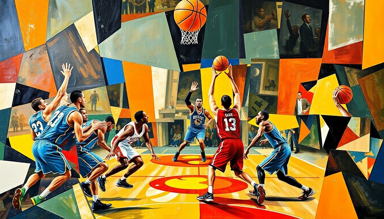 A cubist, geometric painting depicting a basketball game or match, with the players' forms broken down into sharp, overlapping planes of vibrant colors, capturing the energy and intensity of the sport.