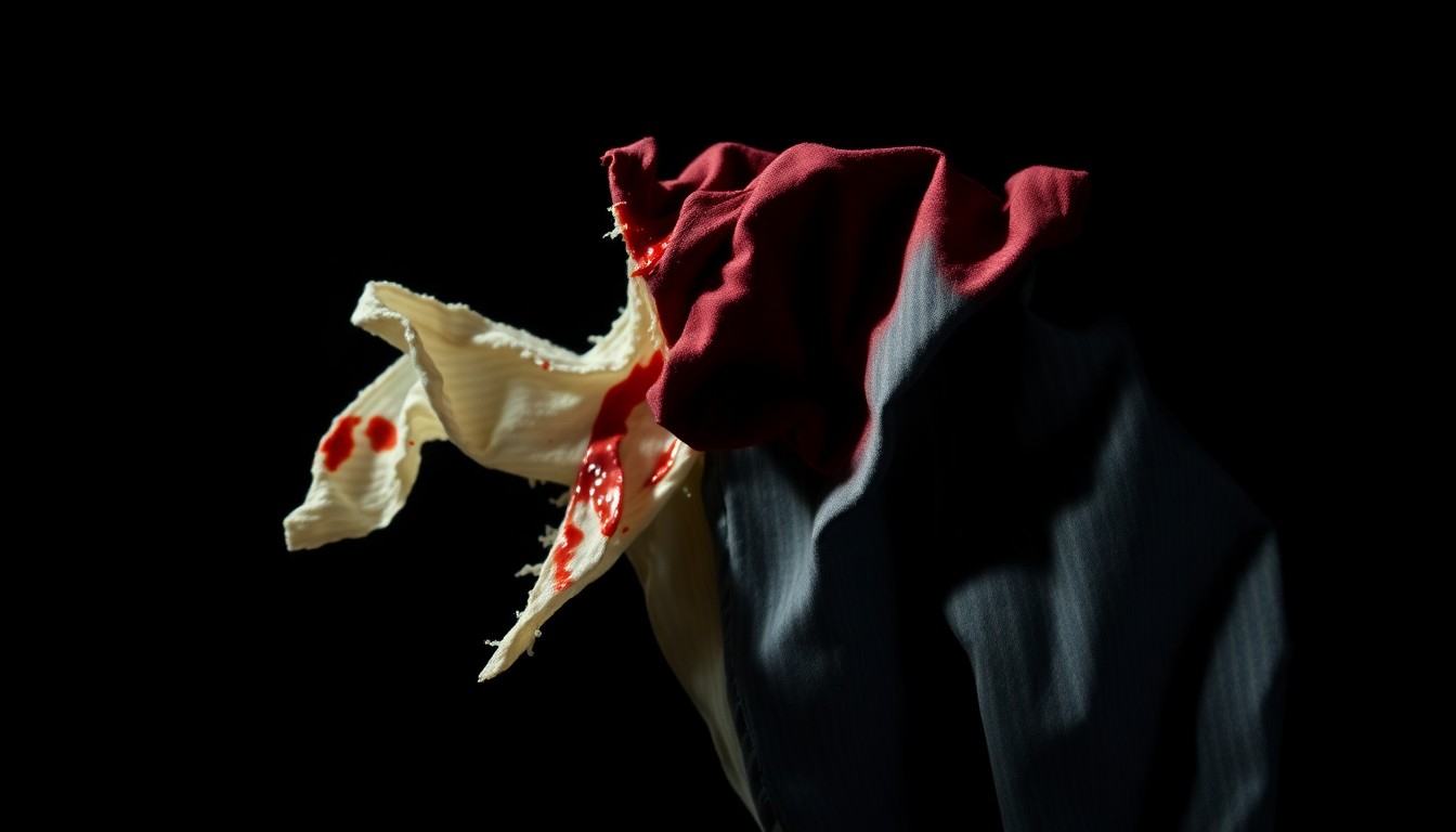 An extreme close-up of a tattered, bloodied piece of clothing from a crime scene, lit by a harsh, direct flash to create a stark, gritty aesthetic that conceptually represents the violence and investigation surrounding this case.