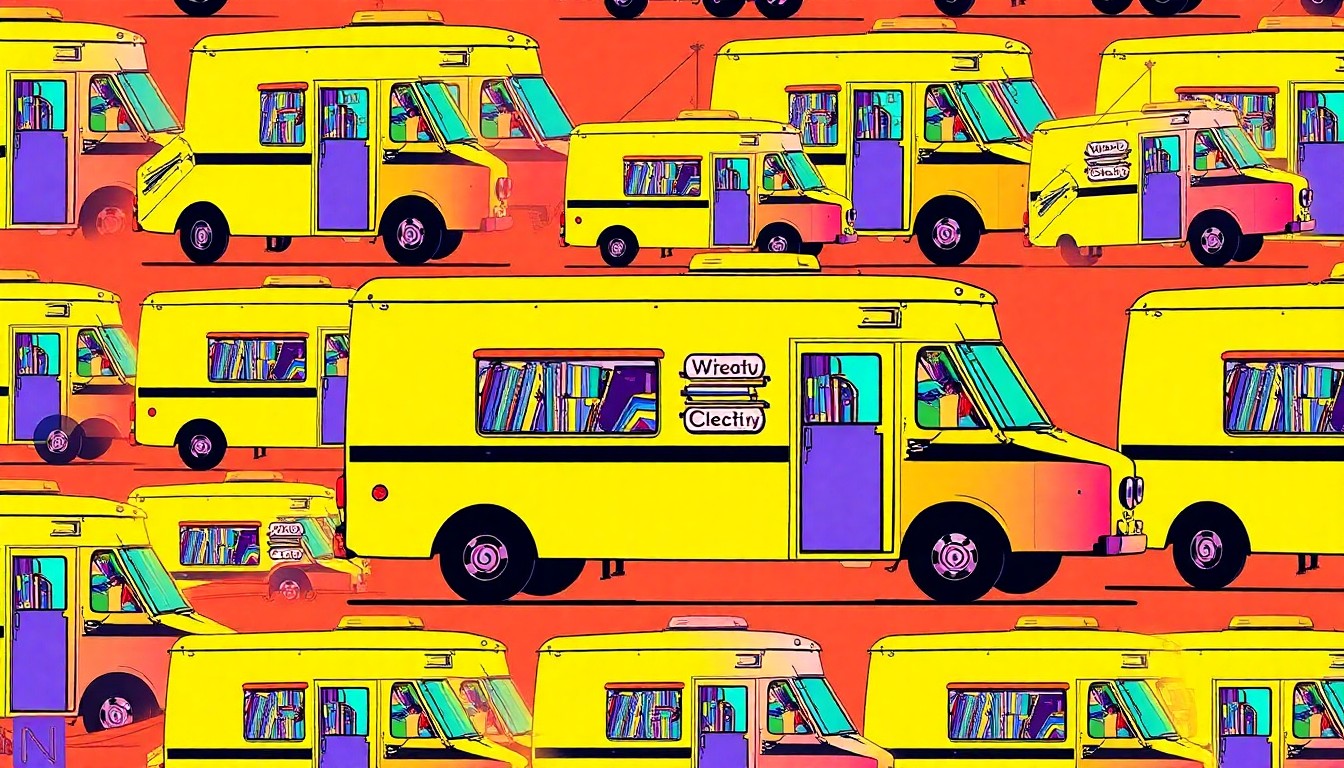 A vibrant, pop art-inspired illustration featuring a stylized bookmobile repeated in a grid pattern, using a bold color palette and high-contrast outlines to create an iconic, eye-catching design.