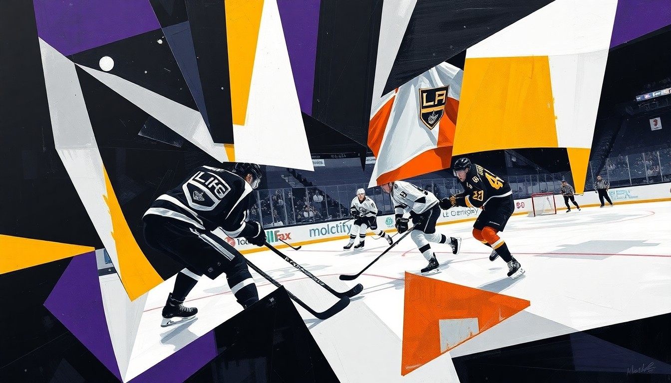 A fractured, multi-perspective painting in bold, vibrant colors depicting a hockey game or match, with the players' forms broken down into sharp, overlapping geometric shapes, conceptually representing the Slukynsky brothers' unique dynamic and the LA Kings' strategic signing.