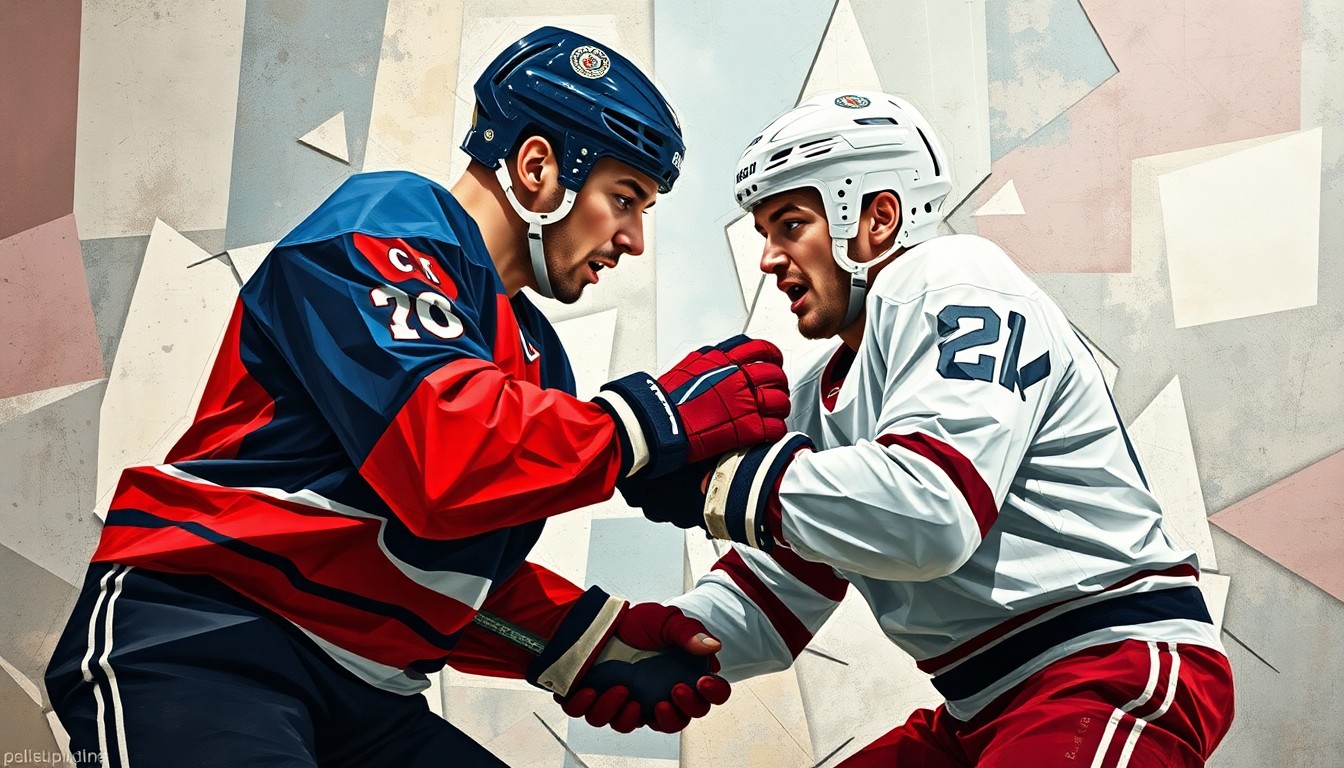 A fragmented, geometric painting depicting the chaotic motion and impact of a hockey fight, with the players' bodies and faces broken down into abstract shapes and planes.