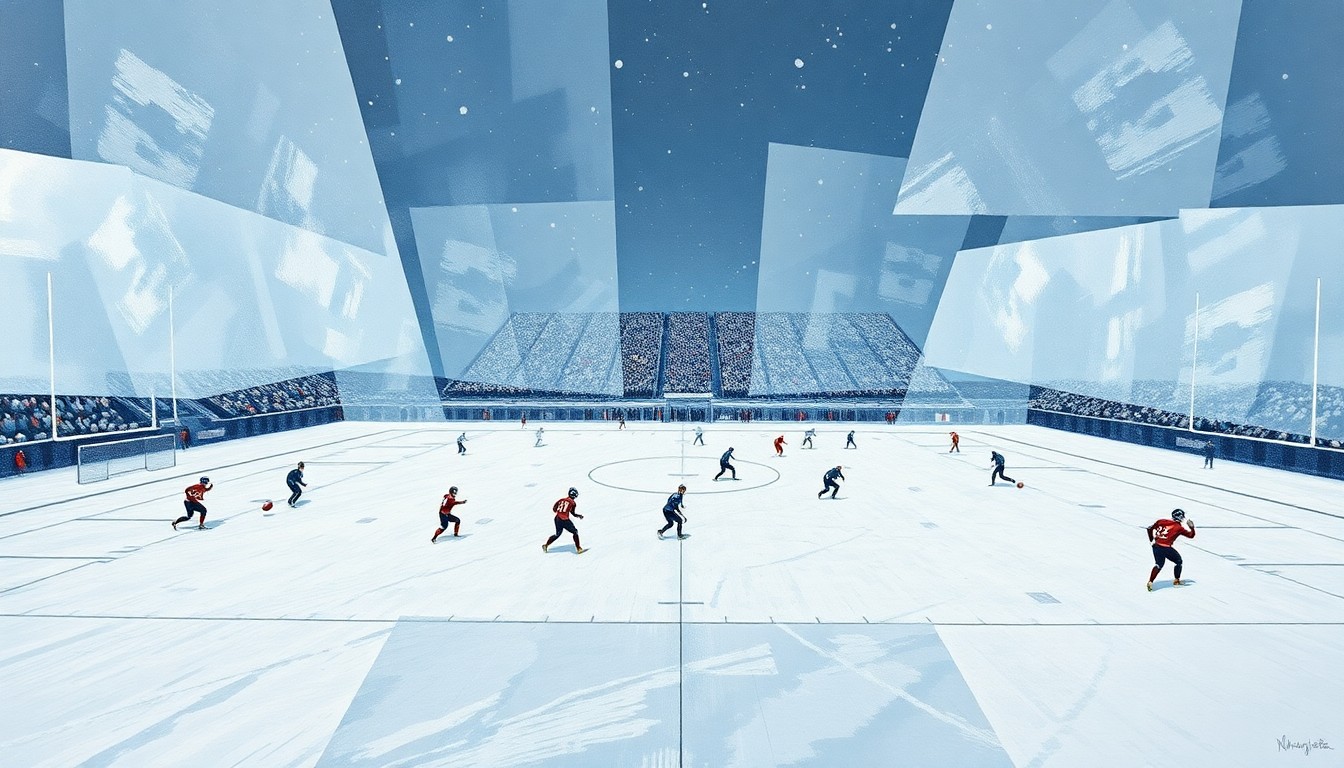A fractured, geometric painting depicting a snowy football field with players in sharp, overlapping planes, conceptually representing the pivotal moment that decided the Broncos' fate in the AFC Championship game.