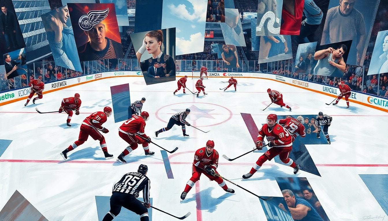 A cubist, geometric painting depicting a fragmented, abstract hockey game, with players and the ice surface broken down into sharp, overlapping planes of color, conveying the chaos and disappointment of the Red Wings' long playoff drought.