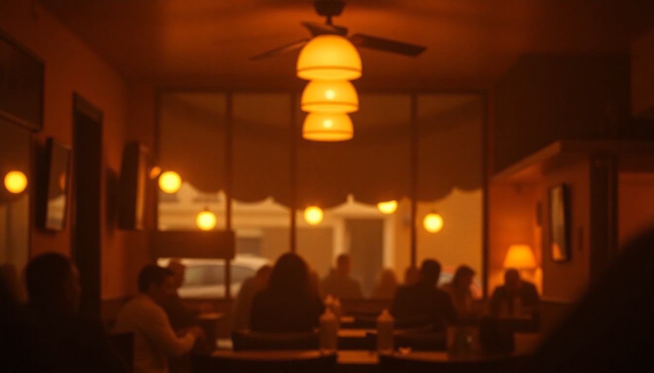 A soft, out-of-focus photograph in warm, muted tones depicting the cozy, dimly lit interior of a classic neighborhood restaurant, with blurred silhouettes of patrons enjoying a meal, conceptually representing the loss of a beloved community hub.