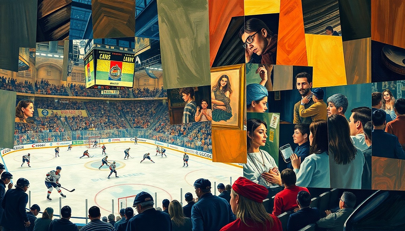 A cubist, geometric painting depicting a fragmented hockey game and a woman giving birth in the stands, with sharp, overlapping planes of color and shape conveying the contrast between the planned spectacle and the unpredictable human experience.