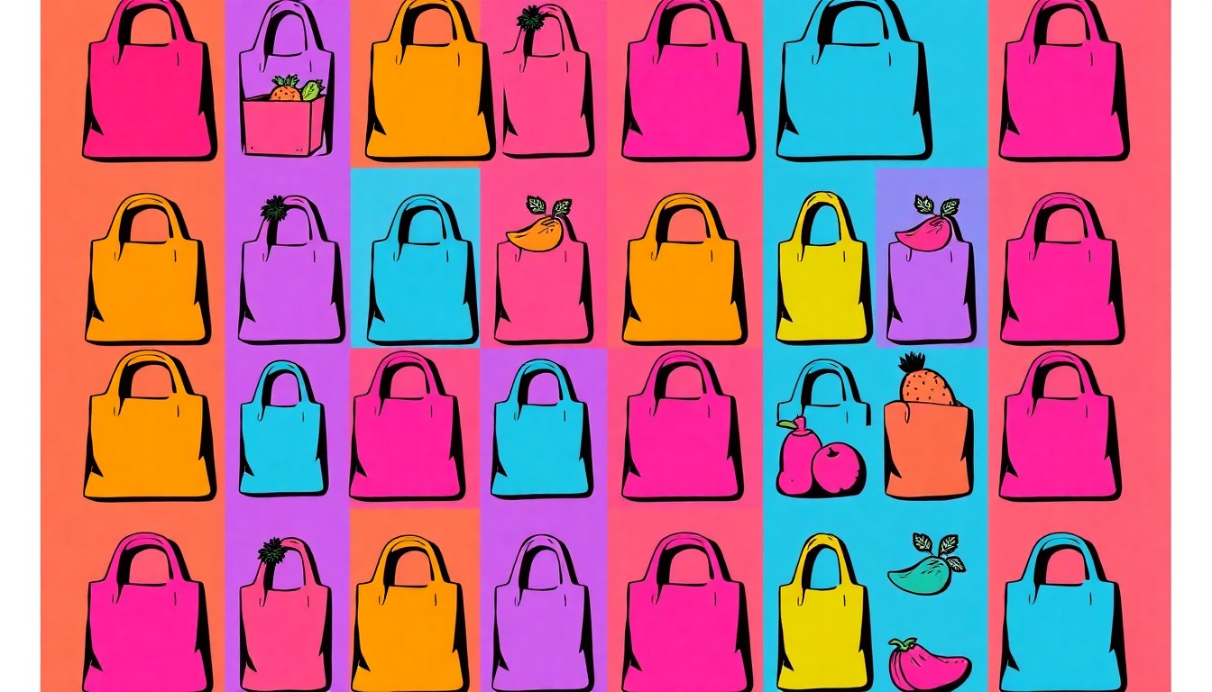 A brightly colored, high-contrast silkscreen print of various grocery items like produce, bulk foods, and personal care products repeated in a tight grid pattern, conceptually representing the diverse selection and community-focused mission of Rainbow Grocery Cooperative.