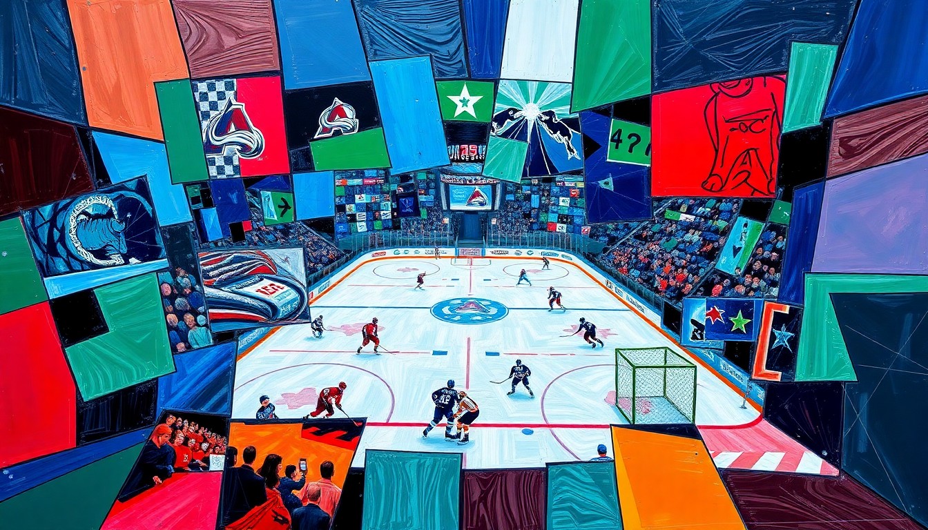 A fractured, geometric painting in vibrant blues, greens, and reds, breaking down a hockey game between the Colorado Avalanche and Dallas Stars into sharp, overlapping planes, capturing the intensity of the match.