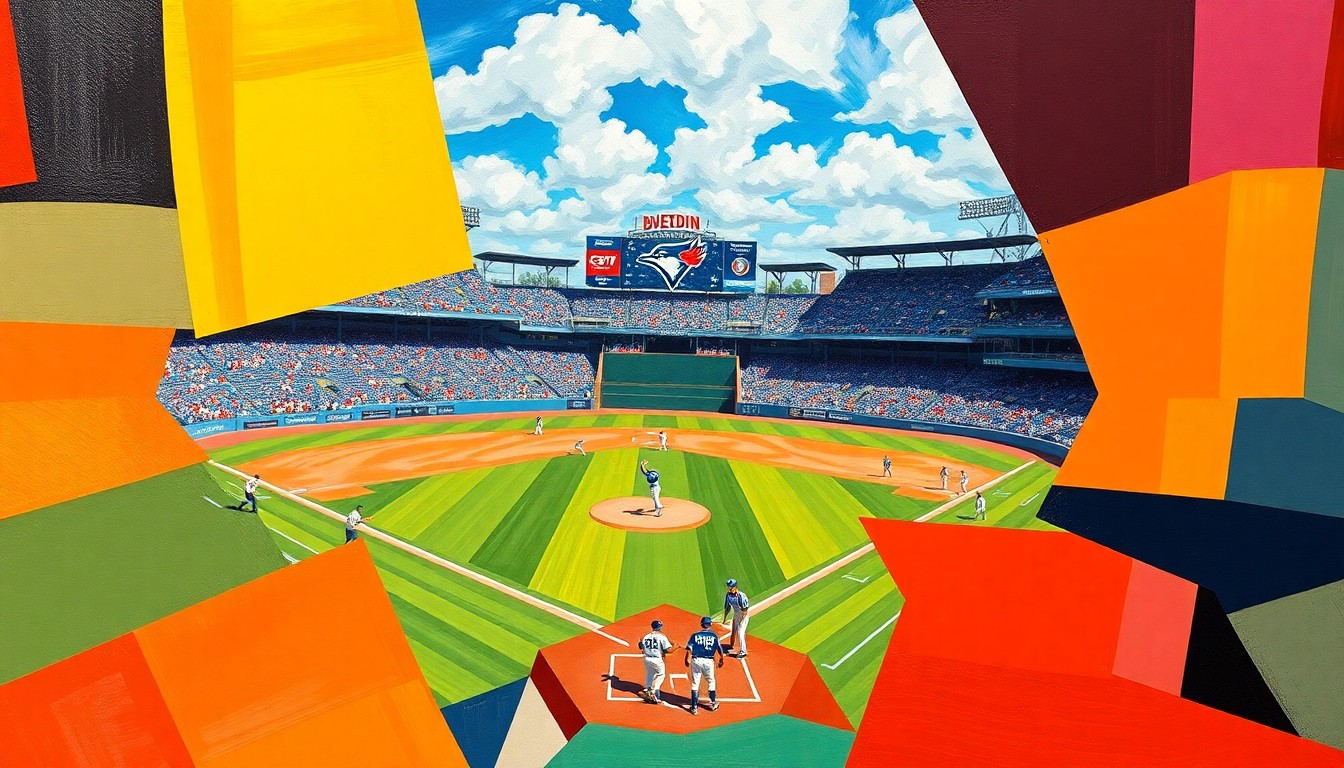 A cubist, geometric painting depicting a baseball game in progress, with the players and field broken down into sharp, overlapping planes of color representing the Dunedin Blue Jays' uniforms and the baseball diamond.