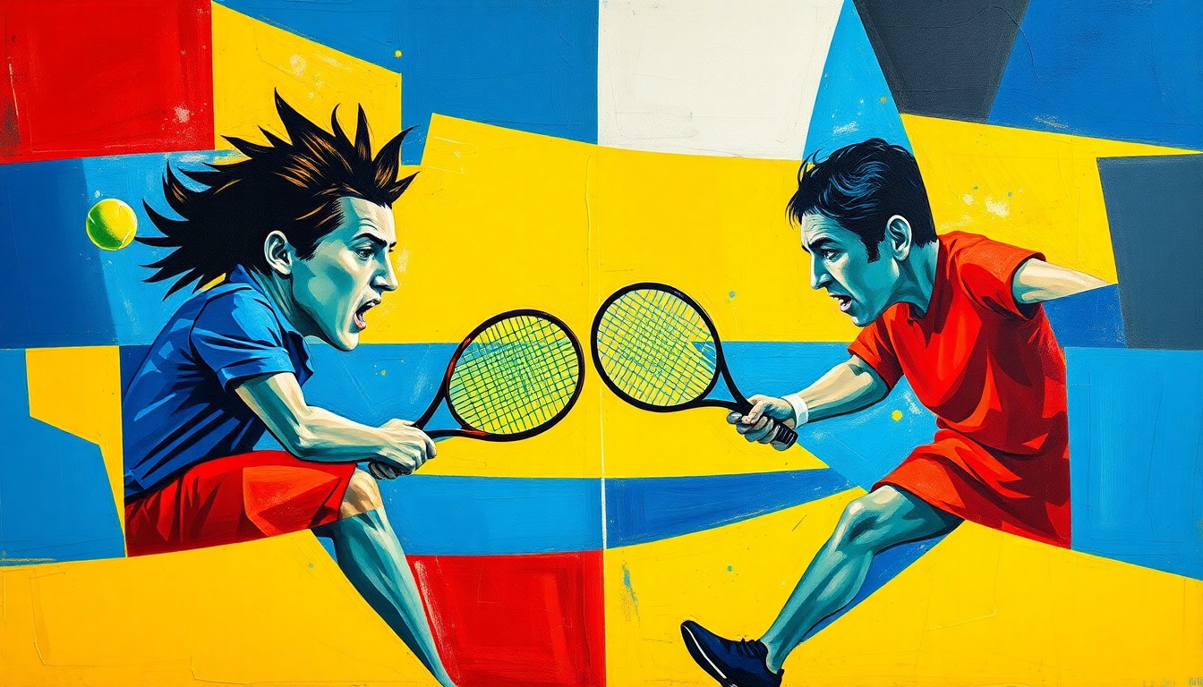 A fractured, geometric painting in vibrant blues, yellows, and reds, depicting the dynamic movements and overlapping perspectives of a tennis match between two players, conveying the intensity and strategic depth of the anticipated clash.