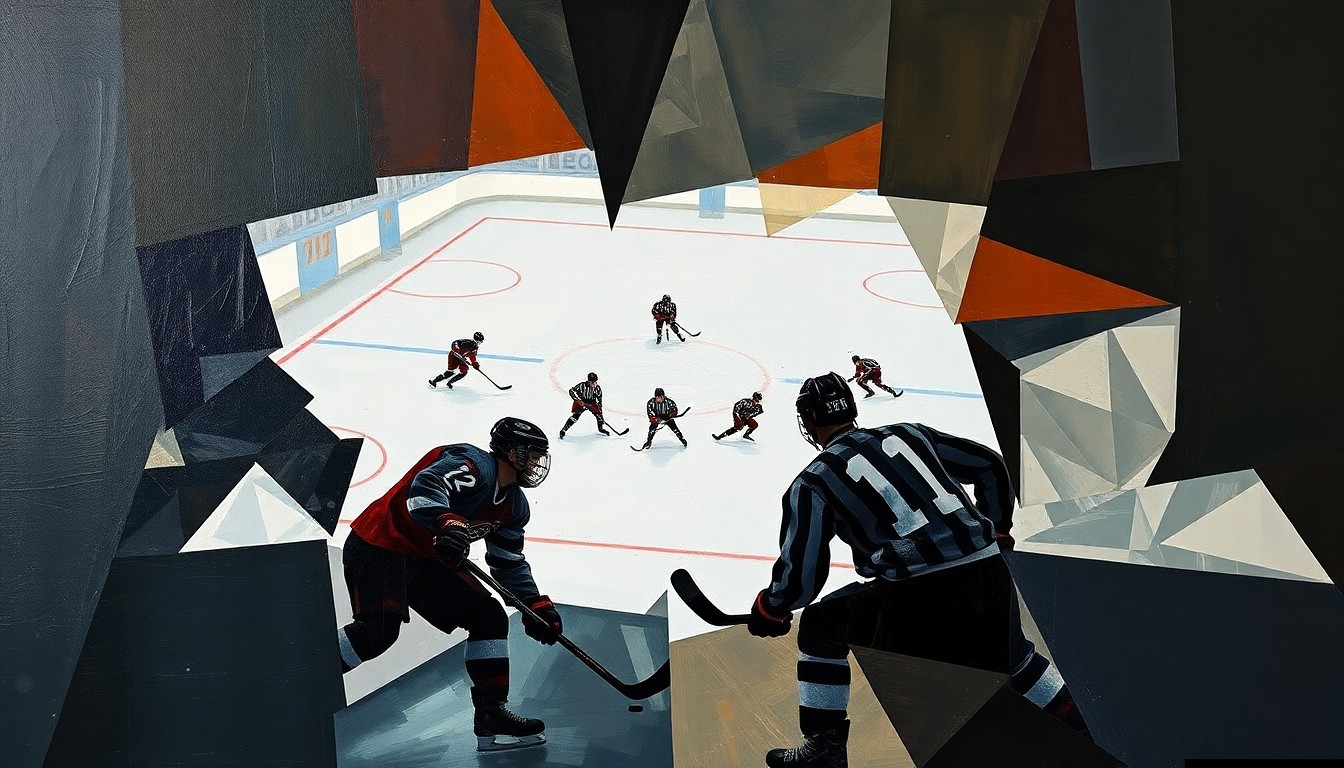 A cubist, geometric painting depicting the dynamic movement and energy of a hockey practice, with the players' forms broken down into sharp, overlapping planes of color and shape.