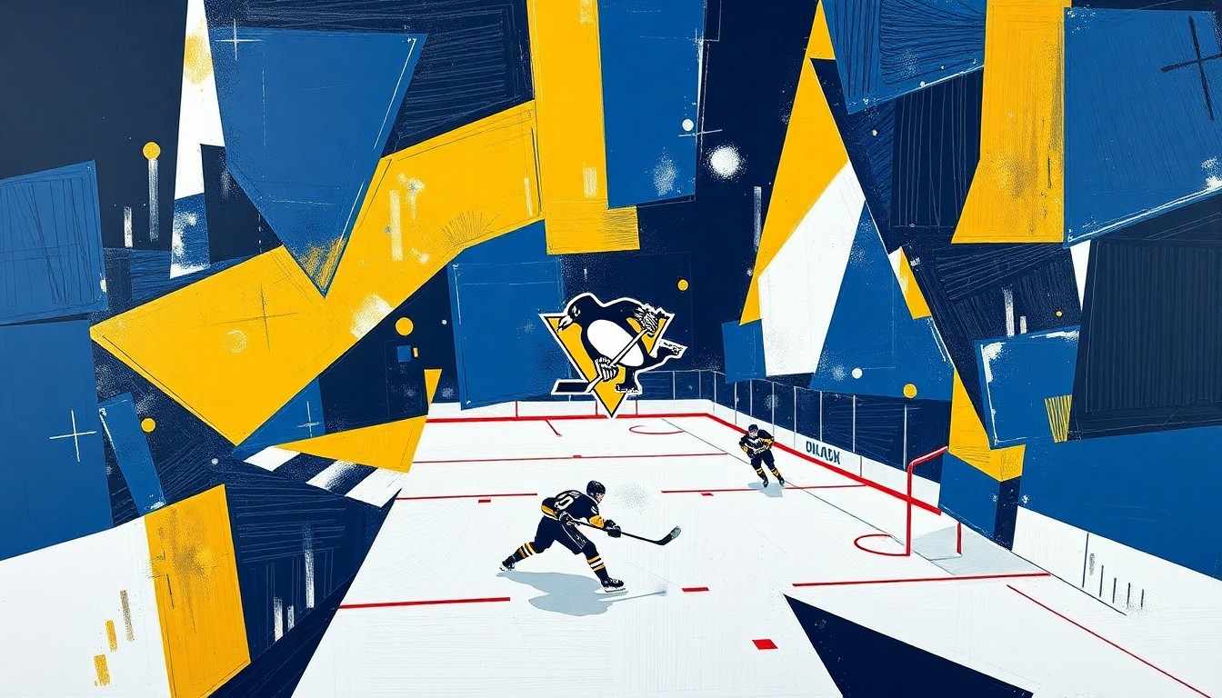 A fragmented, geometric painting depicting a hockey shootout scene, with sharp planes of navy blue, gold, and white overlapping to create a sense of motion and chaos, conceptually representing the mental obstacles the Penguins face in these high-pressure situations.