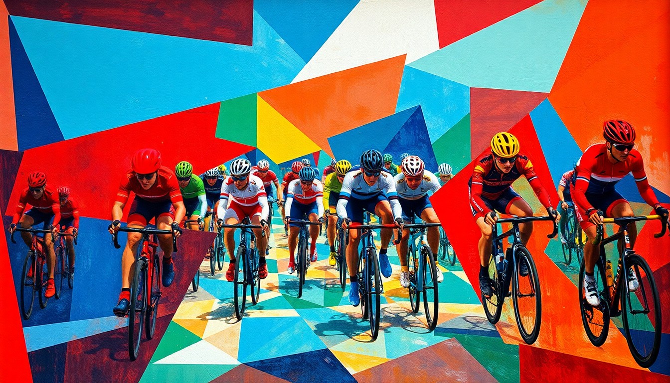 A fragmented, cubist-style painting depicting a cyclo-cross race, with the riders and their bikes broken down into sharp, overlapping geometric shapes in a vibrant color palette, conveying the unpredictable nature of the sport.