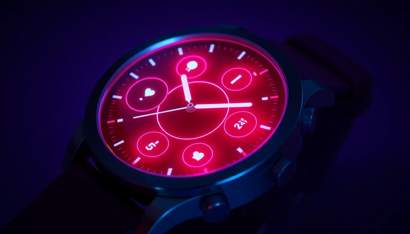 A close-up, highly detailed illustration of a Pixel Watch device with its health sensors glowing in vibrant neon colors, conceptually representing the disruption to the device's key health tracking capabilities.