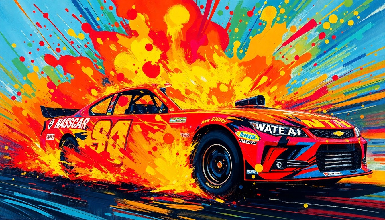 An abstract, expressionist painting in neon colors depicting the intense flames and energy of a NASCAR engine fire, with the car's form dissolving into unrecognizable brushstrokes.