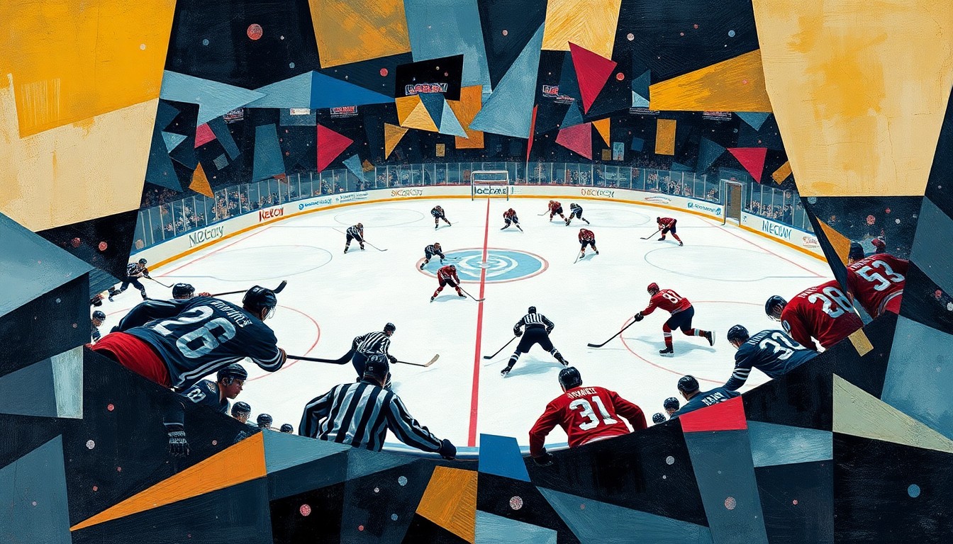 A fractured, cubist-style painting depicting a hockey game, with the players and ice broken down into abstract geometric shapes and planes of color, capturing the intensity and unpredictability of the sport.