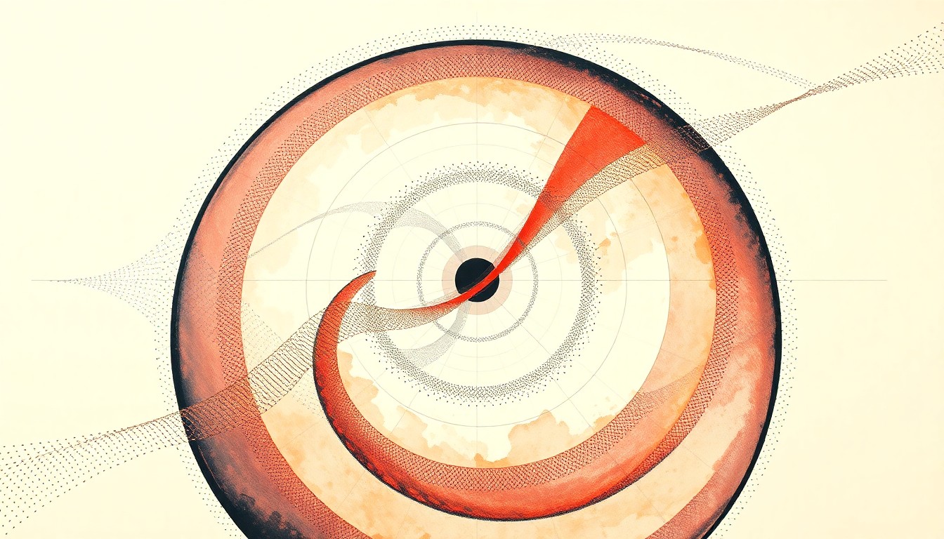 A highly structured abstract painting in soft colors featuring sweeping geometric arcs, concentric circles, and precise botanical spirals, conceptually representing the complex energy dynamics and structural order of a new type of quantum dot nanocrystal.