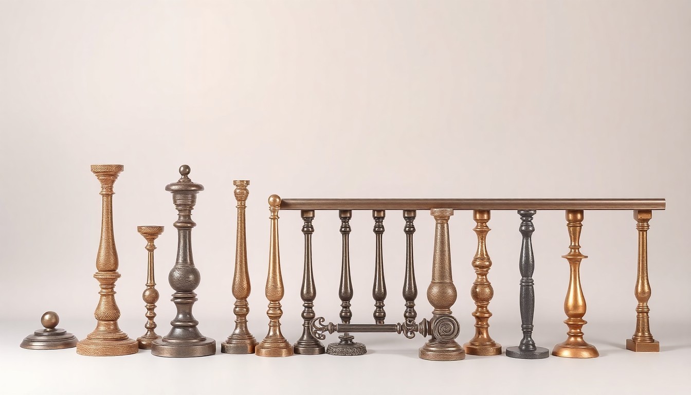 A high-end, photorealistic studio still-life photograph featuring a collection of ornate, polished metal railings and stair balusters in shades of bronze, copper, and iron, conceptually representing the historic architectural details that will be restored.