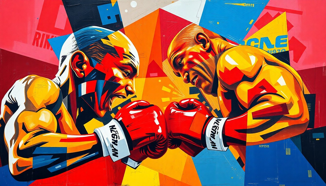 A cubist-style painting depicting a boxing match between two figures, their forms broken down into geometric shapes and planes of vibrant colors, representing the complex motivations behind Mayweather's return to the ring.