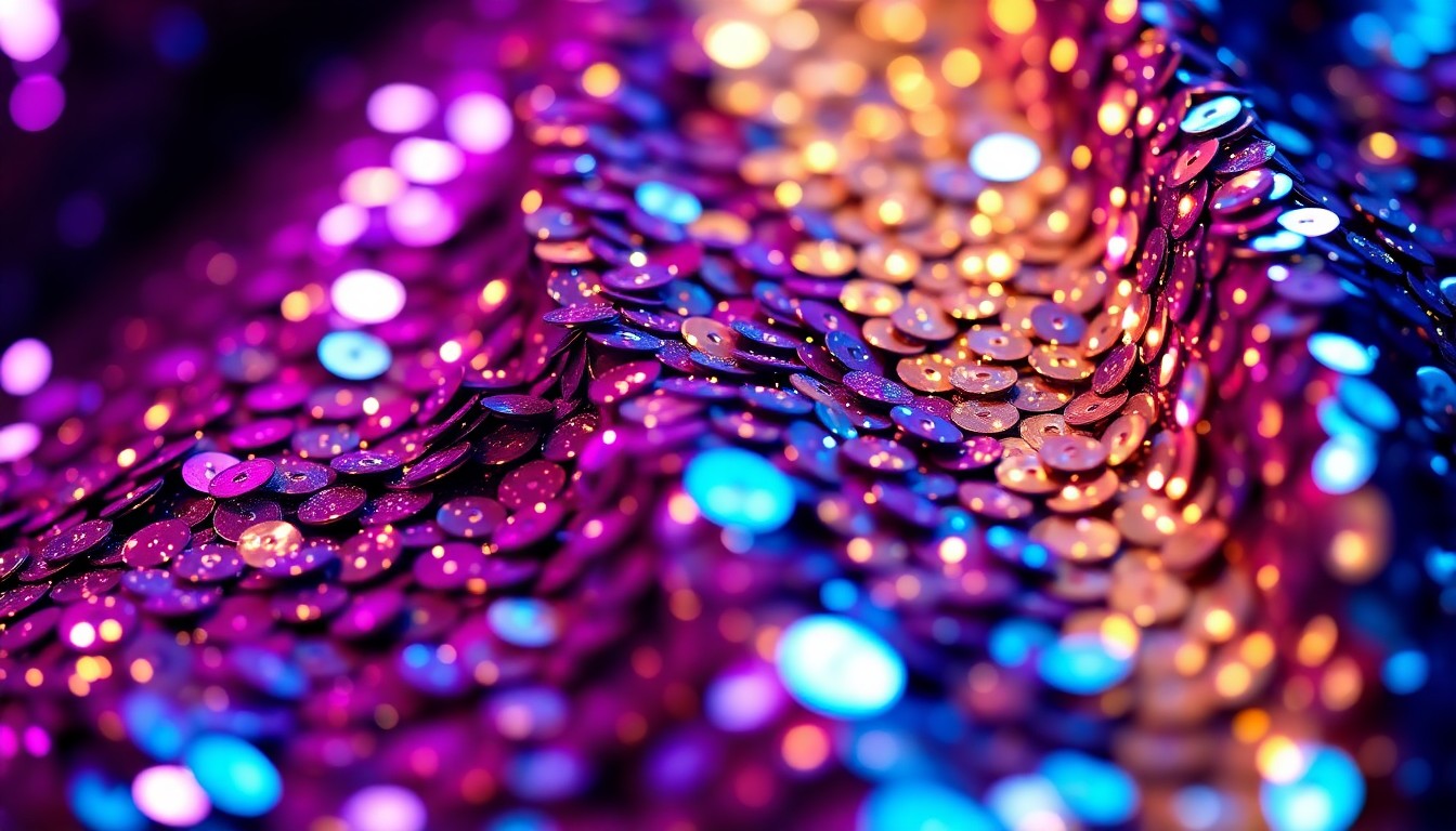 An extreme close-up photograph of shimmering, glittering sequins in a range of vibrant colors, capturing the luxurious, high-fashion aesthetic of the Songwriters Hall of Fame induction ceremony.