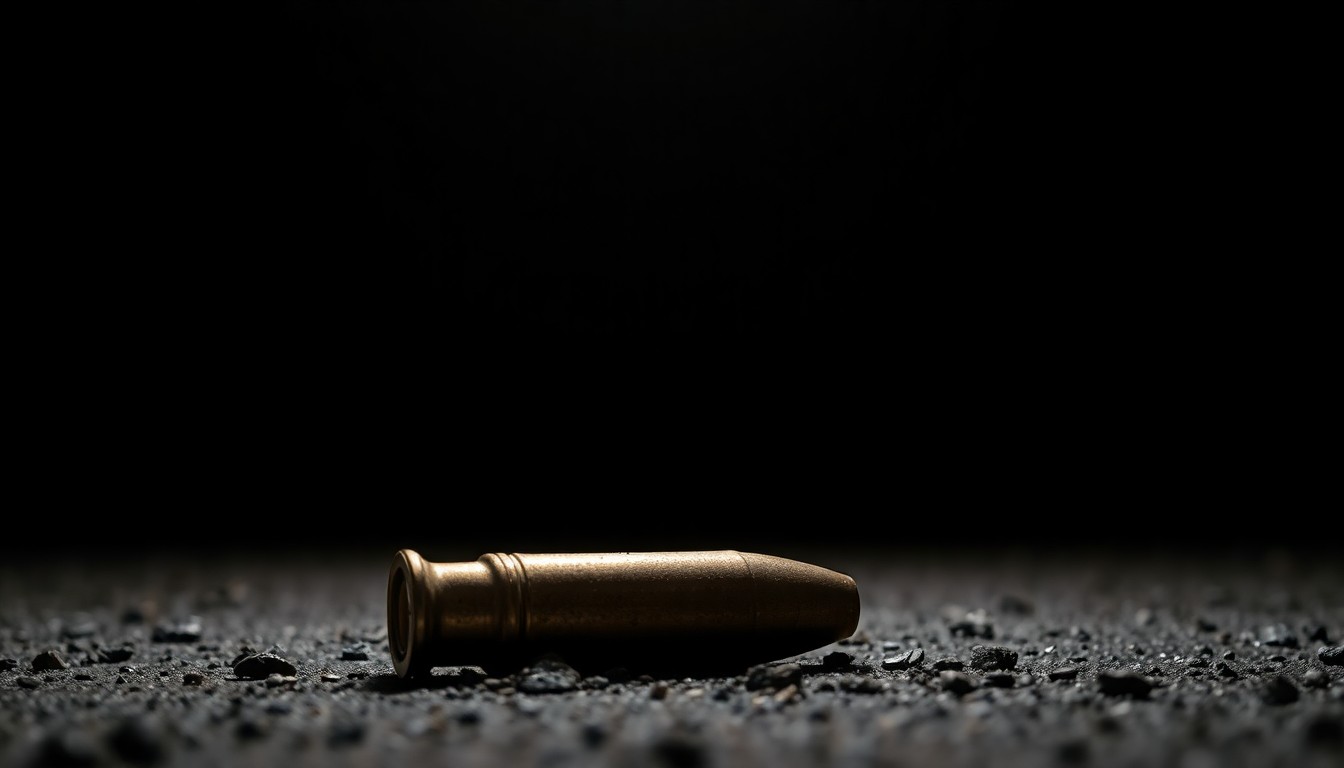 An extreme close-up photograph of a spent shell casing on the ground, lit by a harsh camera flash against a pitch-black background, conceptually representing the investigation into a recent shooting incident in Oak Forest.