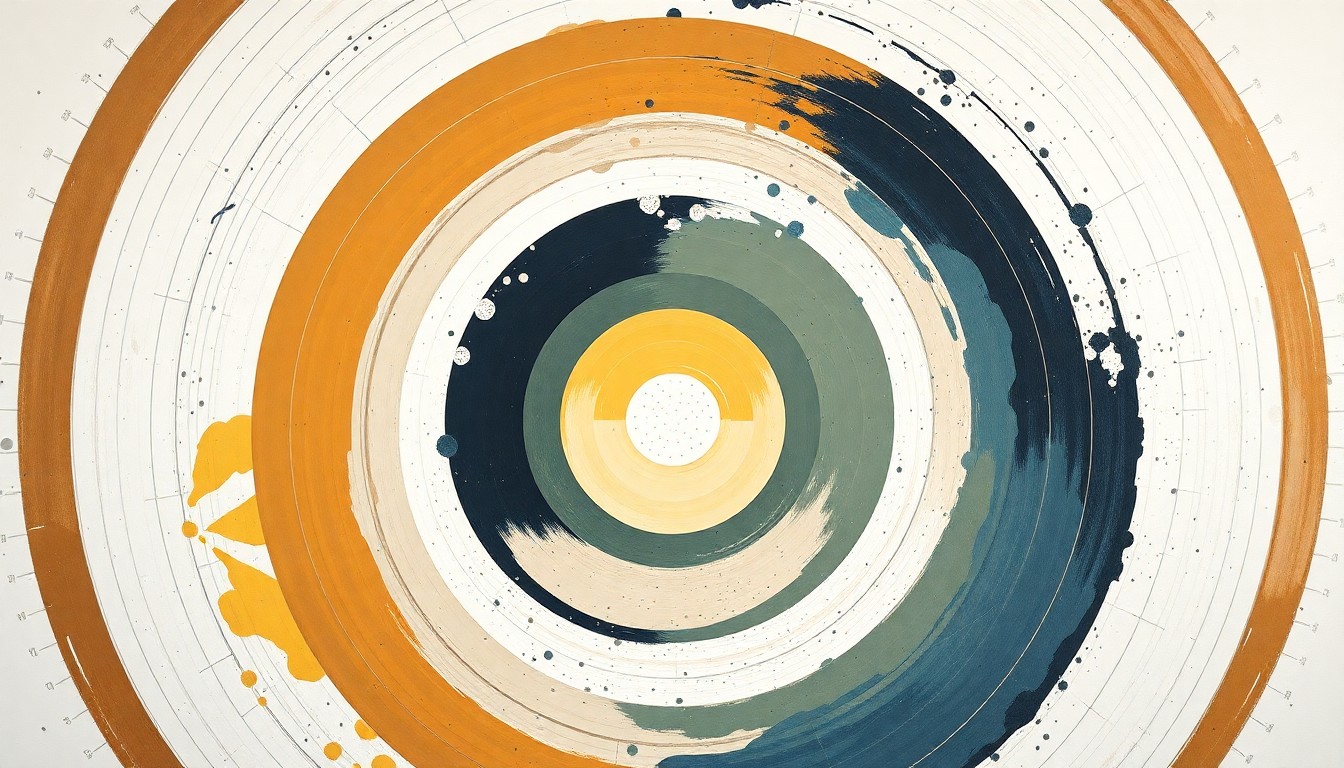 An abstract painting in the style of Hilma af Klint, featuring sweeping geometric arcs, concentric circles, and precise botanical spirals in earthy tones of ochre, sage, and indigo against a clean white background, conceptually representing the complex psychological forces of imposter syndrome.