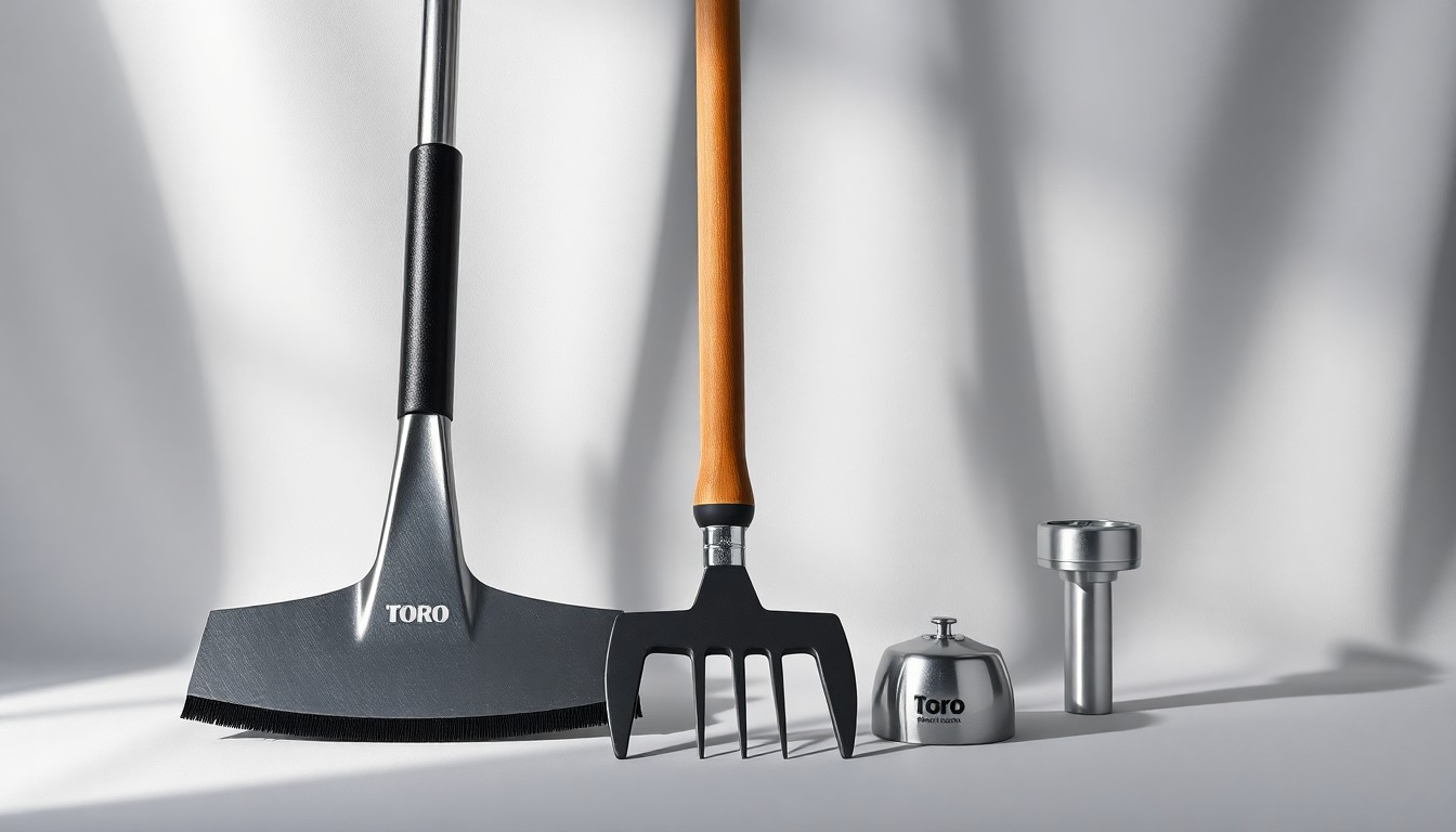 A high-end, photorealistic studio still life featuring polished metal, wood, and ceramic objects arranged elegantly on a clean background, conceptually representing Toro's premium outdoor equipment and corporate strategy.