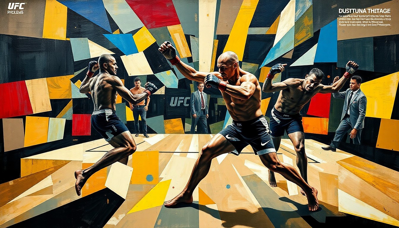 A cubist-style painting depicting the fragmented movements and actions of a UFC fighter, with sharp, overlapping geometric shapes and planes representing the physical demands of the sport.