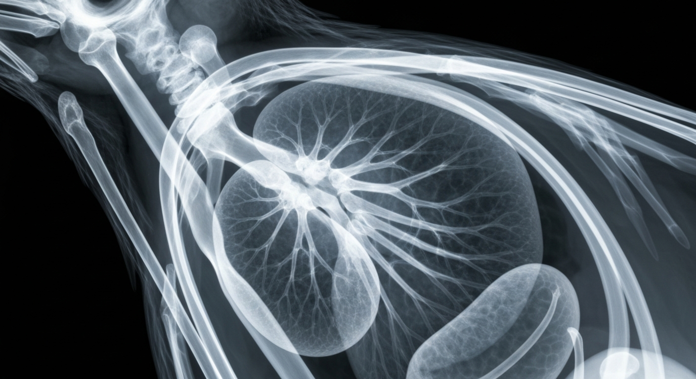 An extreme close-up X-ray photograph revealing the intricate internal structures of a bird's respiratory system and vital organs, conceptually illustrating the impact of the bird flu outbreak on poultry.