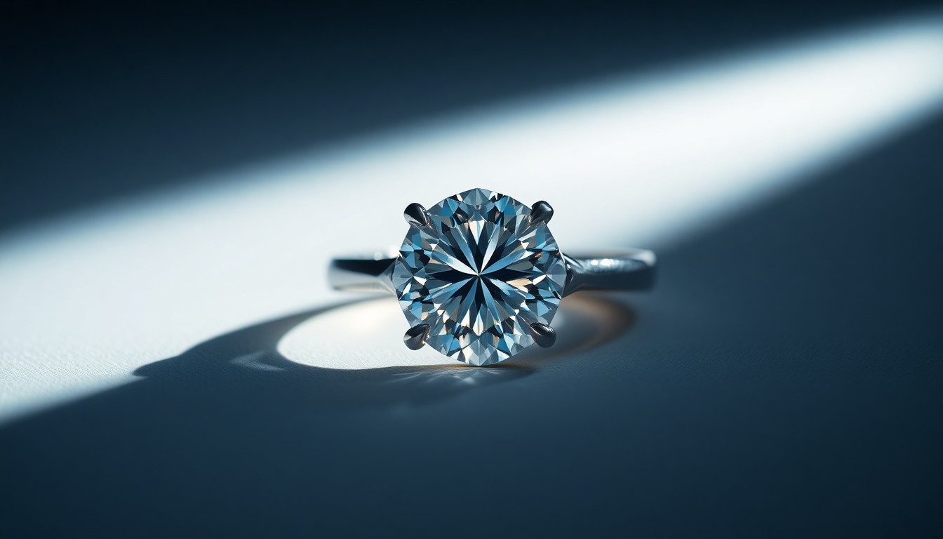 An extreme close-up of a sparkling diamond engagement ring, its facets reflecting dramatic shadows and highlights, conveying the glamour and emotional weight of this celebrity couple's renewed commitment.