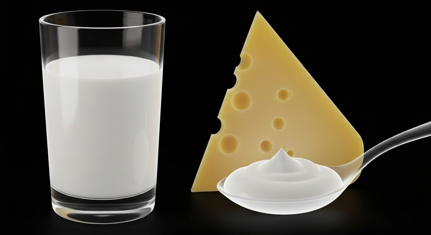 An extreme close-up X-ray photograph showing the internal structures of a glass of milk, a wedge of cheese, and a spoonful of yogurt as glowing, ghostly lines against a dark background, conceptually illustrating the hidden nutritional value of dairy products.