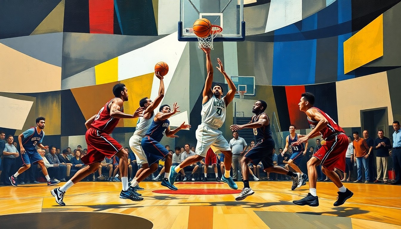 A cubist-style painting depicting a basketball game, with the players' forms broken down into sharp, overlapping geometric shapes and planes, conveying the dynamic energy and fragmented nature of the Celtics' recent performance.