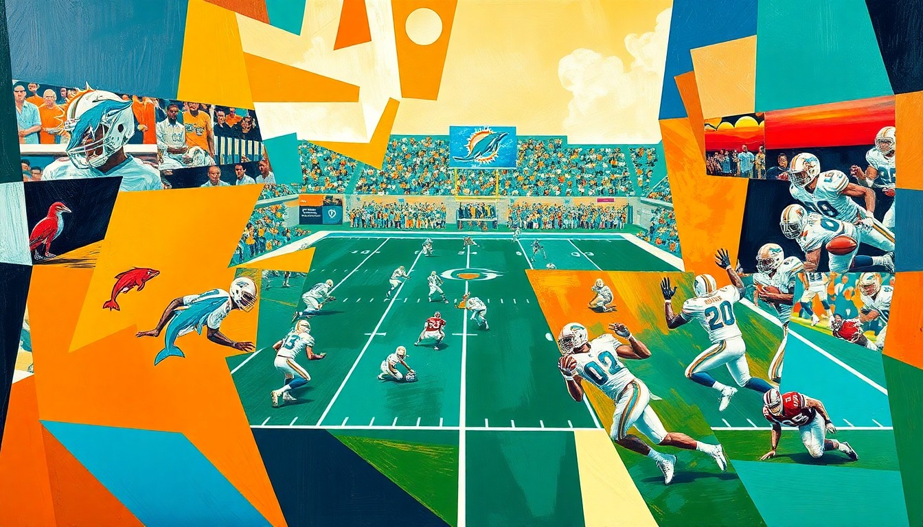 A fractured, geometric painting depicting the motion and energy of a Miami Dolphins football game, with players and field deconstructed into abstract shapes and planes of color.
