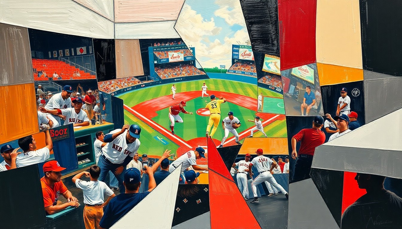 A cubist-style painting depicting a baseball game in progress, with the players and field broken down into sharp, overlapping geometric shapes and planes, conveying the fractured nature of the 1986 Red Sox's story and its eventual reappraisal.