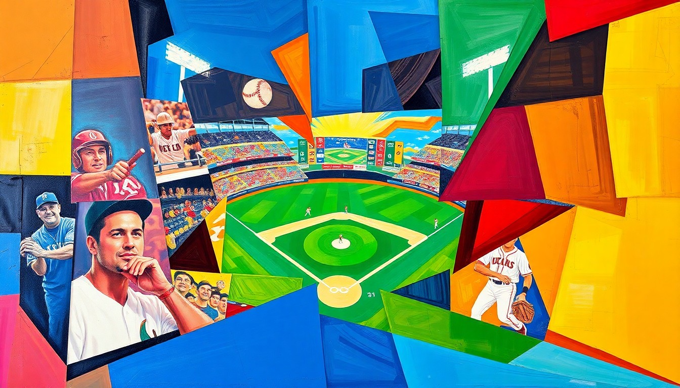 A cubist, geometric painting depicting a fragmented baseball game or competition, with sharp, overlapping planes of color representing the international nature of the World Baseball Classic.