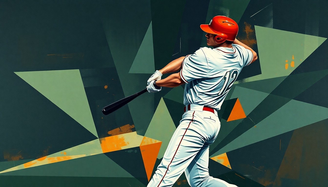 A cubist-style painting depicting the fractured, geometric motion of a baseball player swinging a bat, with sharp planes of muted navy, green, and orange colors.