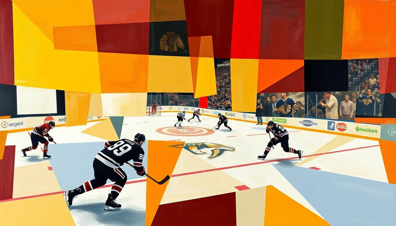 A fragmented, geometric painting depicting a hockey game, with sharp, overlapping planes of color and form representing the multifaceted nature of the Blackhawks' challenges and Connor Bedard's individual brilliance.