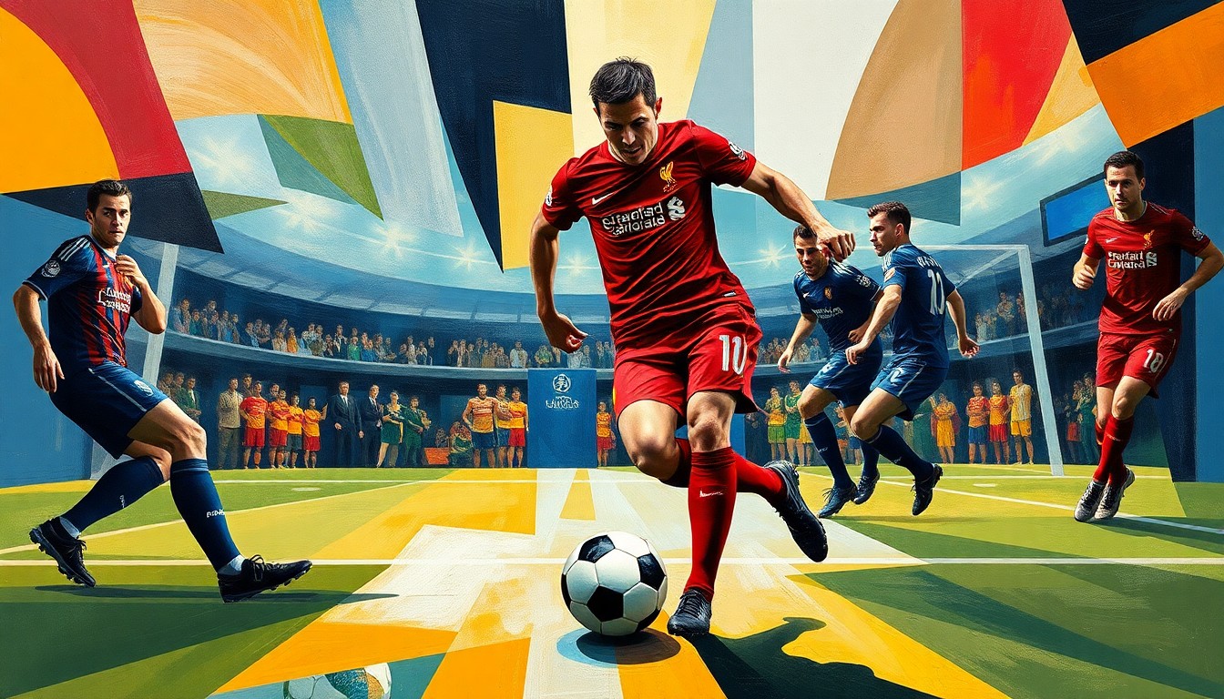 A fractured, multi-perspective painting in the style of Pablo Picasso, breaking down a Champions League football match between Liverpool and Galatasaray into sharp, overlapping geometric planes. The players' forms are abstracted into angular, cubist shapes, with the ball and field lines creating a dynamic, kinetic composition.