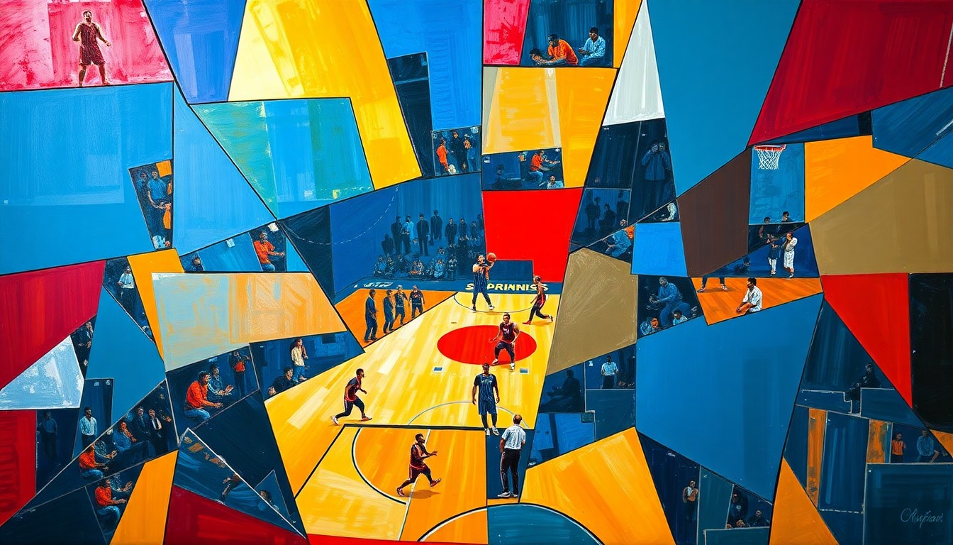 A cubist-style painting featuring overlapping geometric shapes and planes in shades of blue, red, and silver, capturing the intensity and high-stakes nature of the Giannis Antetokounmpo trade negotiations.