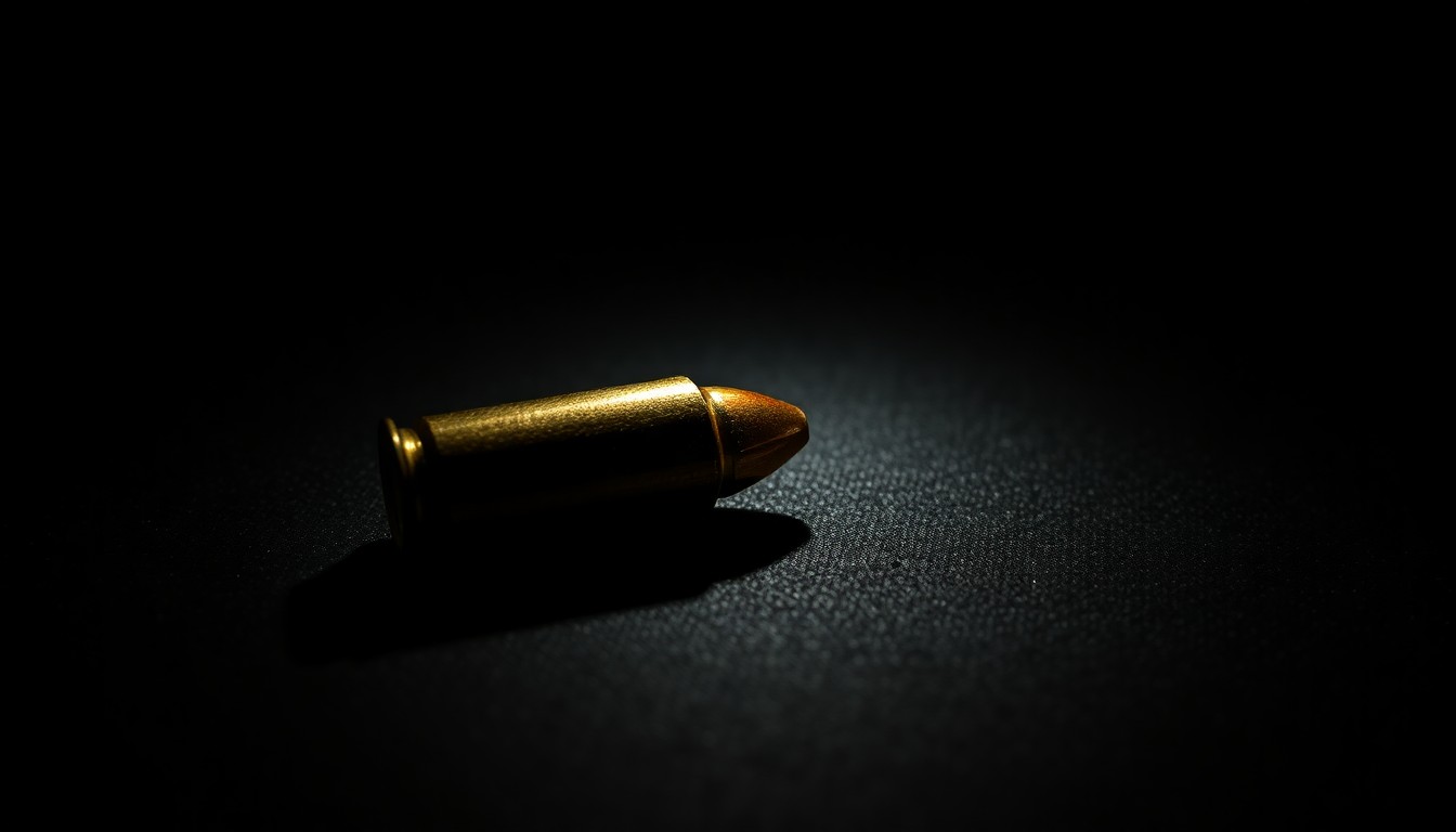 An extreme close-up photograph of a single spent bullet casing on a dark, textured surface, conceptually illustrating the aftermath of a mass shooting incident.