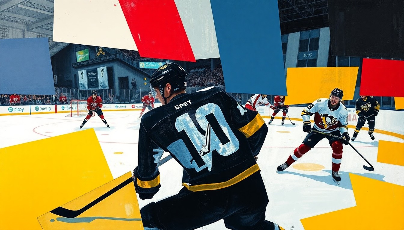 A cubist, fragmented painting depicting a hockey game, with the players and the ice broken down into sharp, overlapping geometric shapes and planes, conveying the intensity and physicality of the sport.