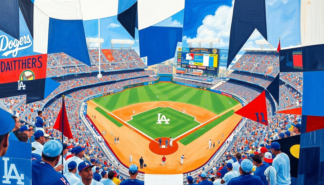 A cubist, geometric painting depicting a Dodgers baseball game, with sharp, overlapping planes of vibrant blue, white, and red colors, capturing the energy and dynamism of the team's spring training preparations.