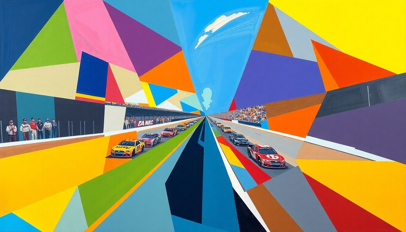 A fragmented, geometric painting depicting a NASCAR race at Bristol Motor Speedway, with overlapping planes of color representing the cars and drivers in motion.